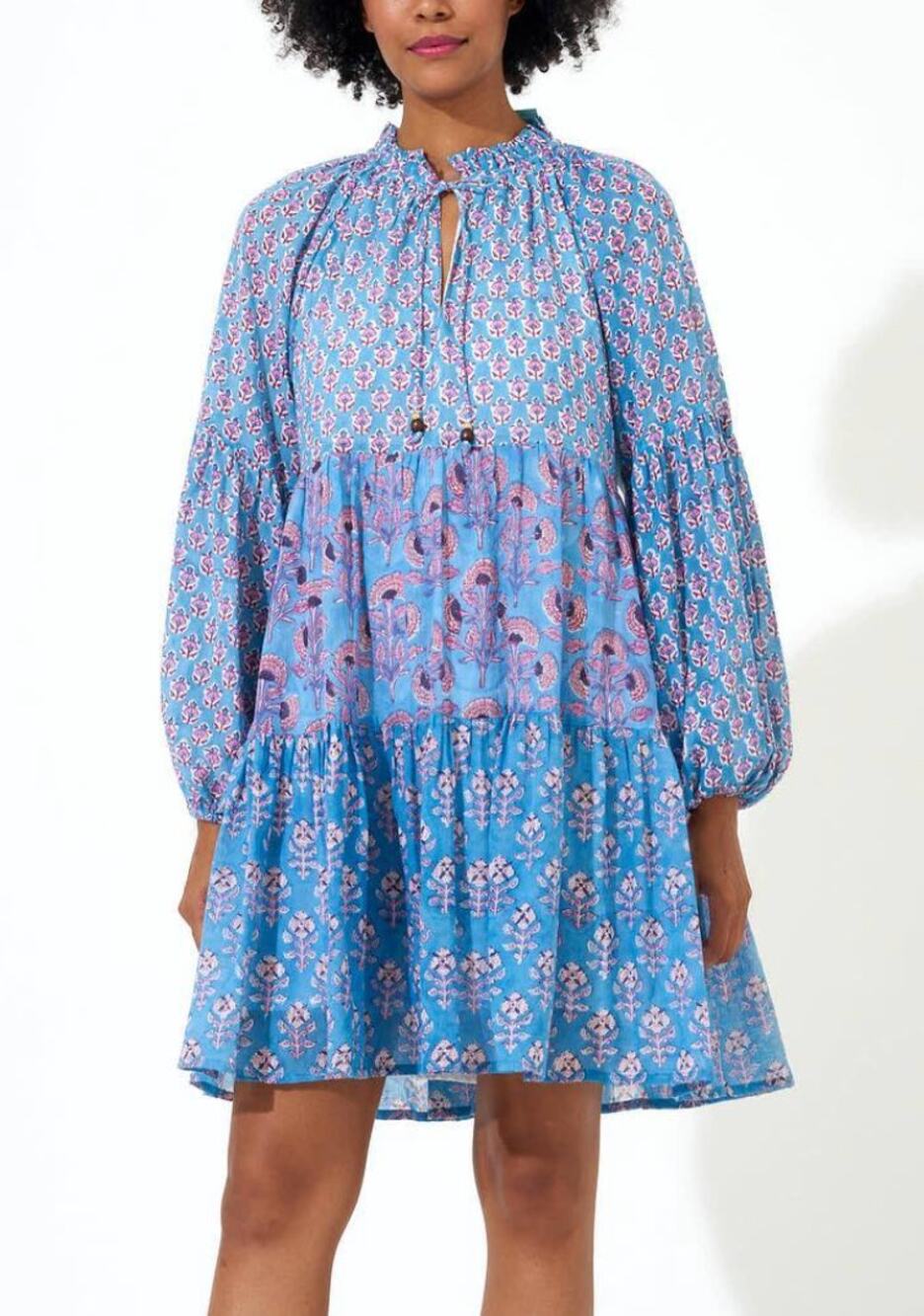 OLIPHANT Tuckernuck Balloon Sleeve Flirty Short Mini Dress Blue Block Print XS